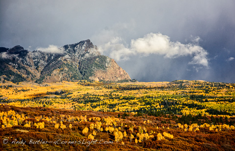 Fall color and storm clouds at Navaho Peak